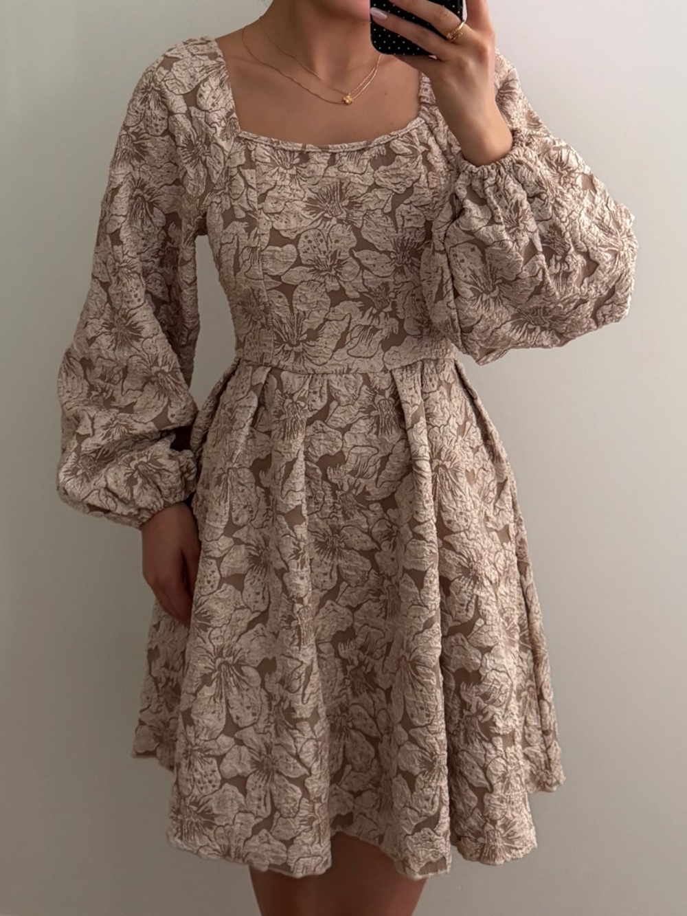 Beige Floral Puff-Sleeve Square-Neck Dress